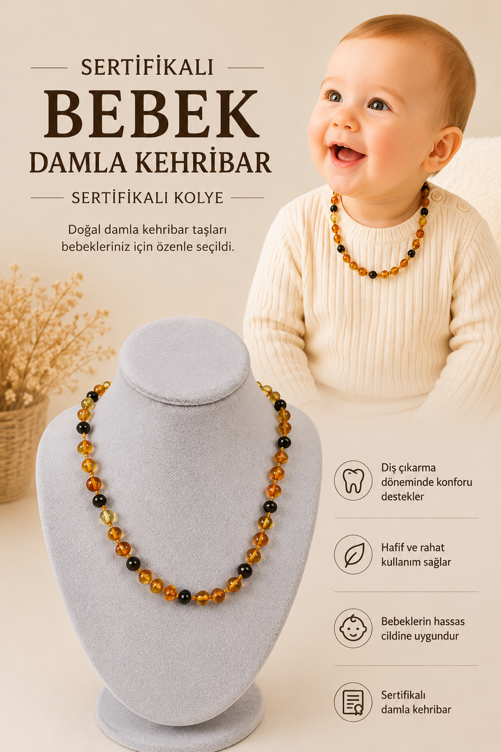 Bebek Damla Kehribar Sertifikalı Kolye 201830