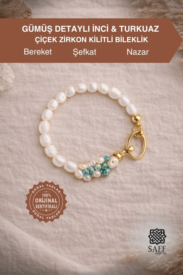 Gümüş Detaylı İnci & Turkuaz Zirkon Kilitli Bileklik