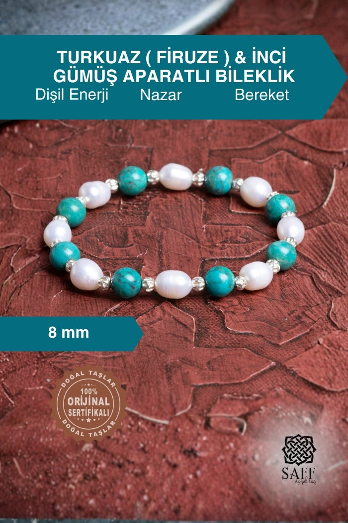 Turkuaz (Firuze) & İnci Gümüş Aparatlı Bileklik