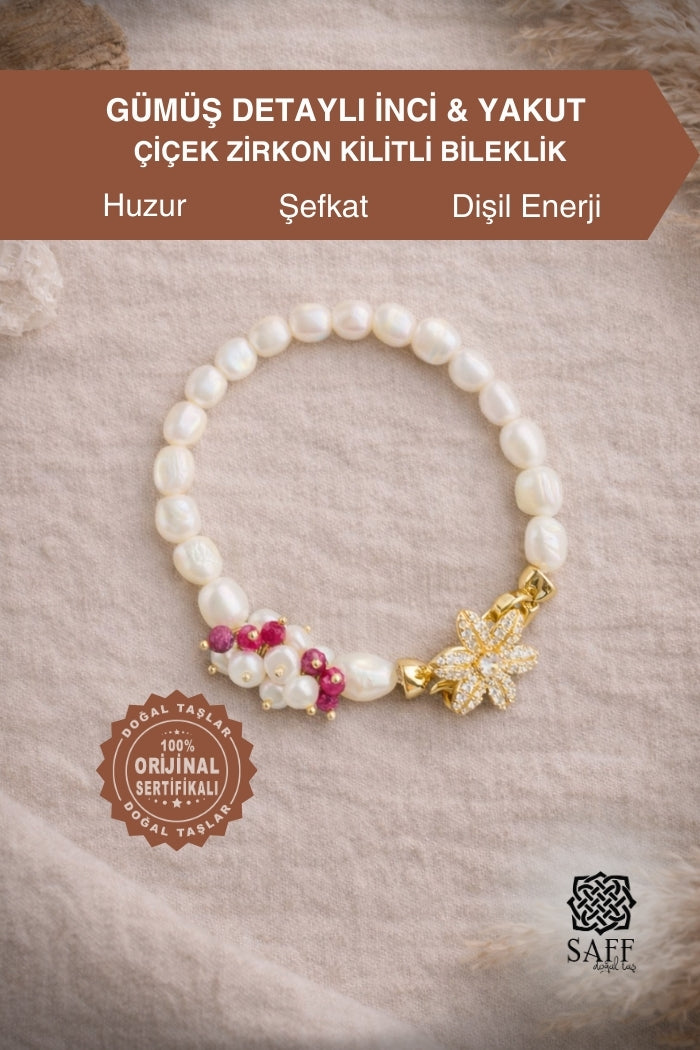 Gümüş Detaylı İnci & Yakut Zirkon Kilitli Bileklik