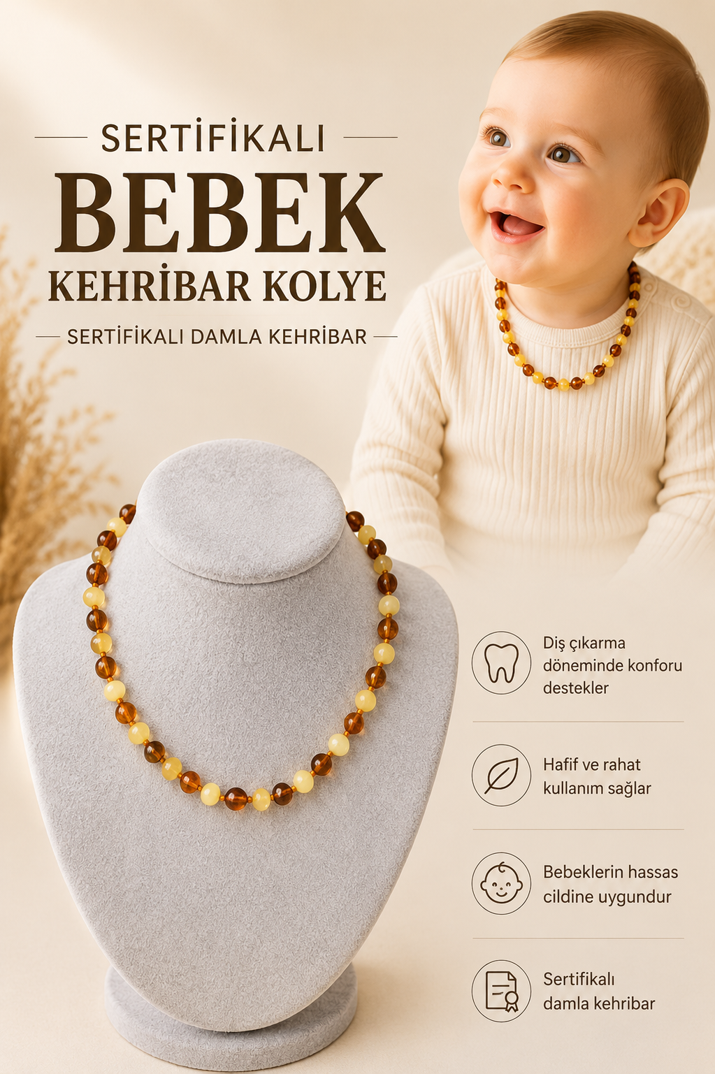 Bebek Kehribar Kolye Sertifikalı Damla Kehribar 210409