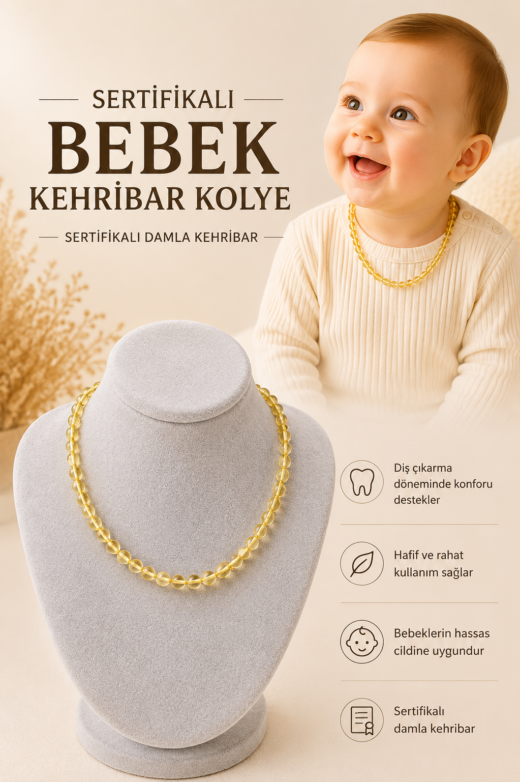 Bebek Kehribar Kolye Sertifikalı Damla Kehribar 210408