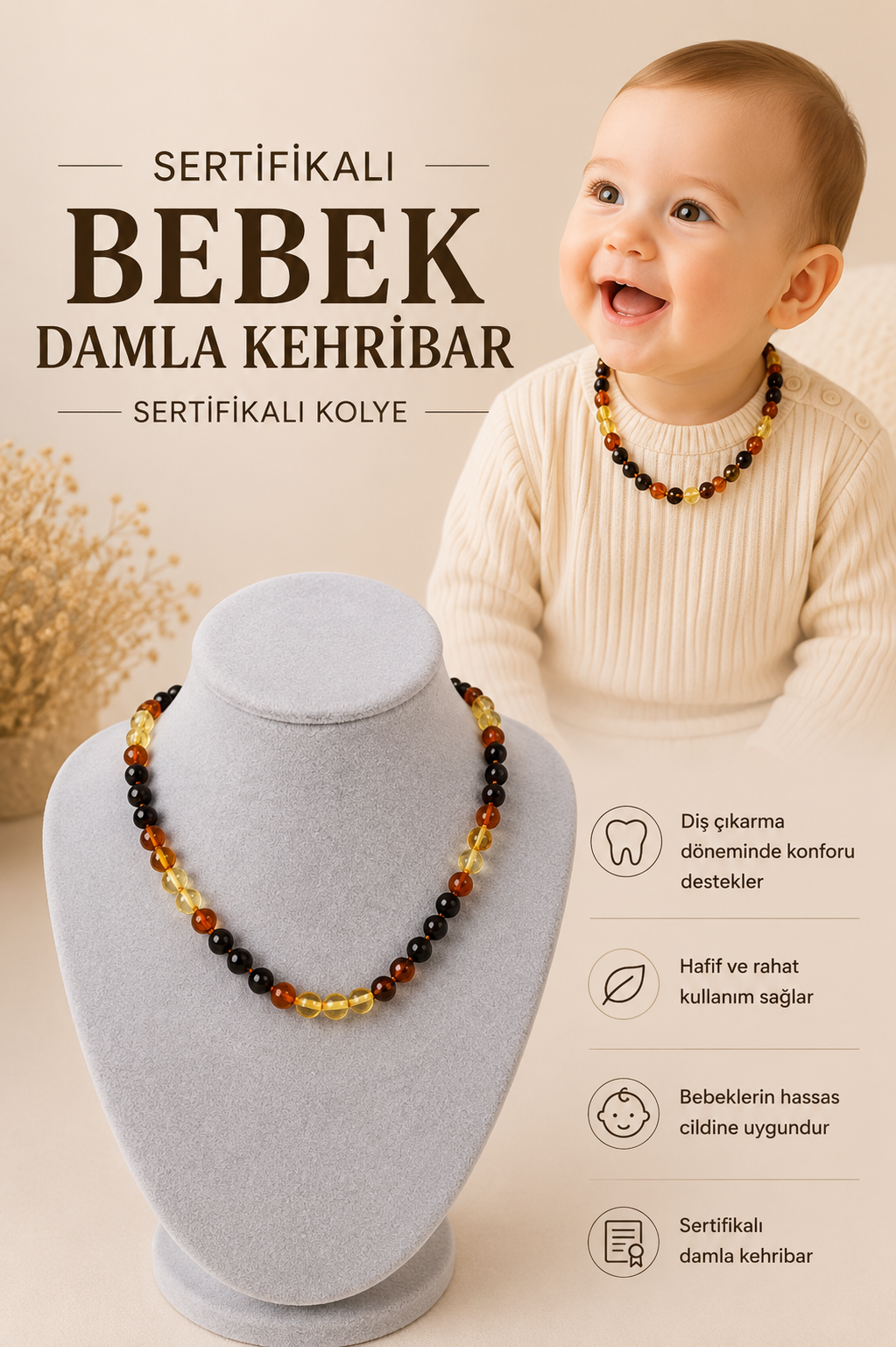 Bebek Damla Kehribar Sertifikalı Kolye 201834
