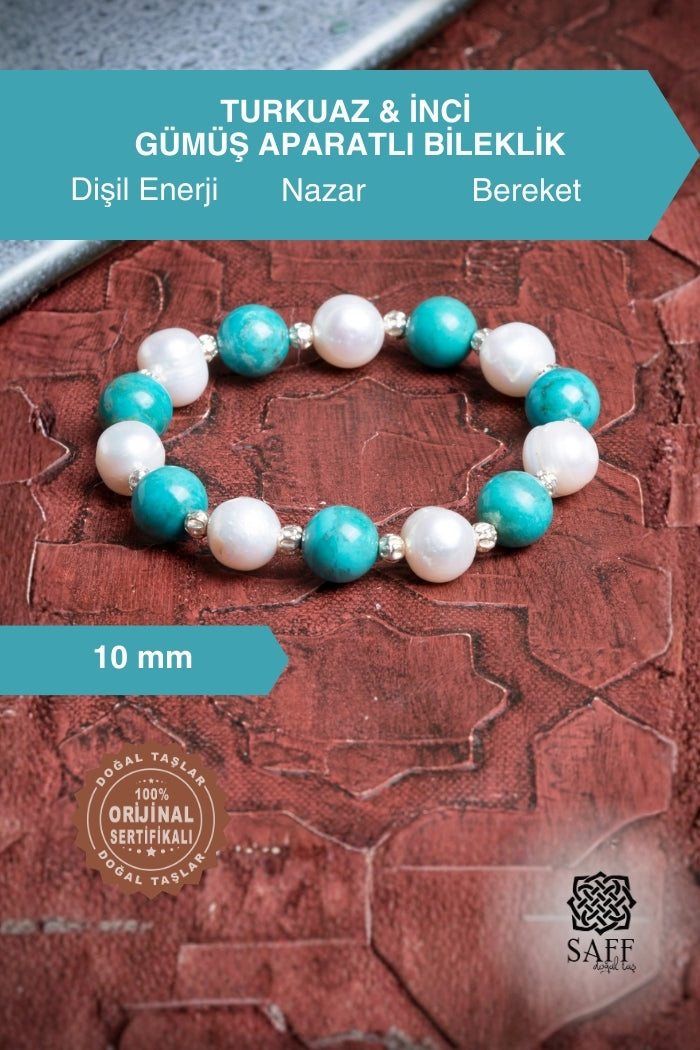 Turkuaz & İnci Gümüş Aparatlı Bileklik 10mm
