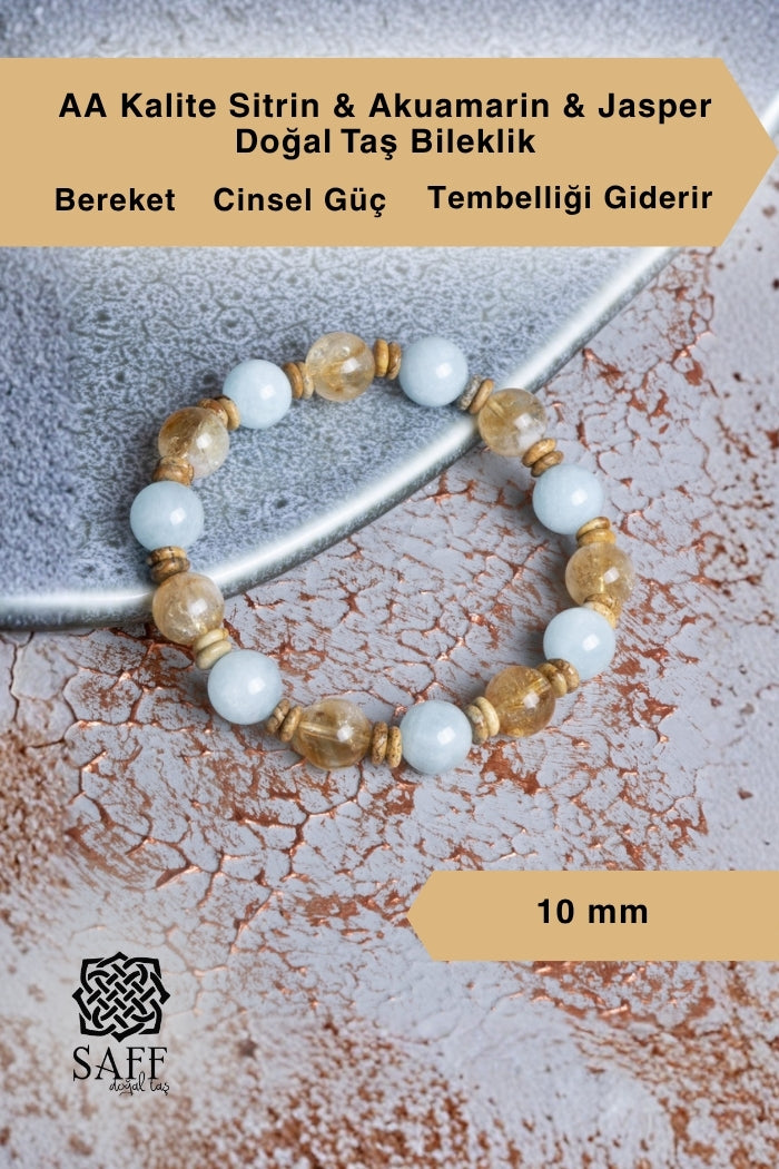 AA Kalite Sitrin &amp; Akuamarin &amp; Jasper Doğal Taş Bileklik 10mm