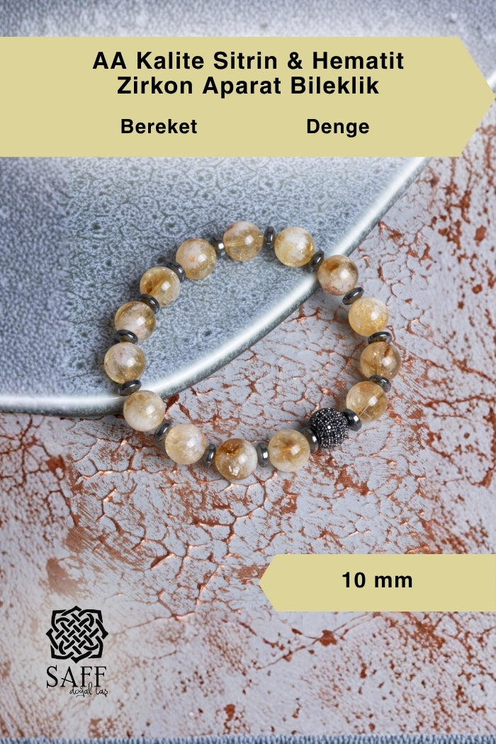 AA Kalite Sitrin &amp; Hematit &amp; Zirkon Aparat Bileklik 10mm