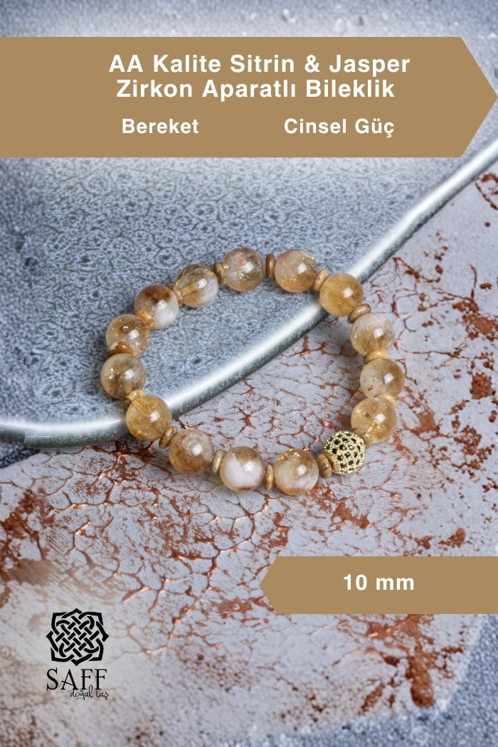 AA Kalite Sitrin &amp; Jasper &amp; Zirkon Aparatlı Bileklik 10mm