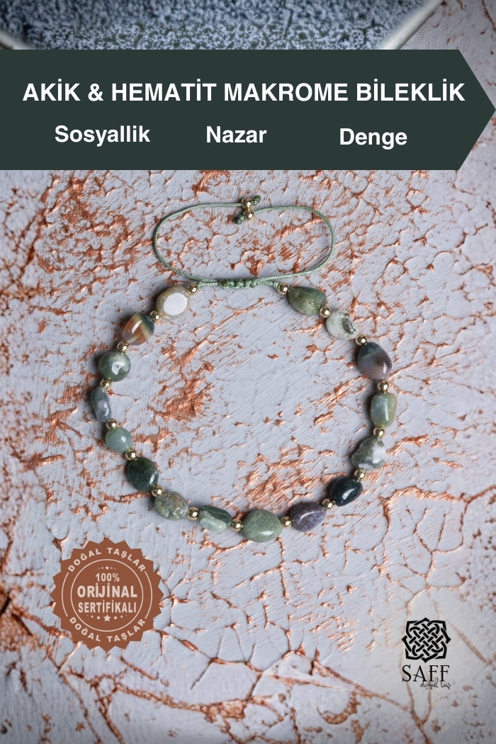 Akik &amp; Hematit Makrome Bileklik