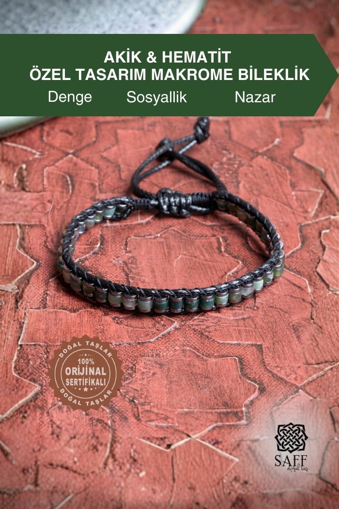 Akik &amp; Hematit Özel Tasarım Makrome Bileklik