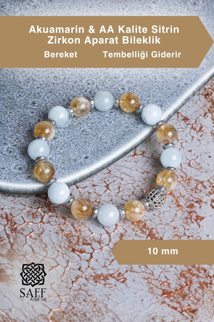 Akuamarin &amp; AA Kalite Sitrin &amp; Zirkon Aparat Bileklik