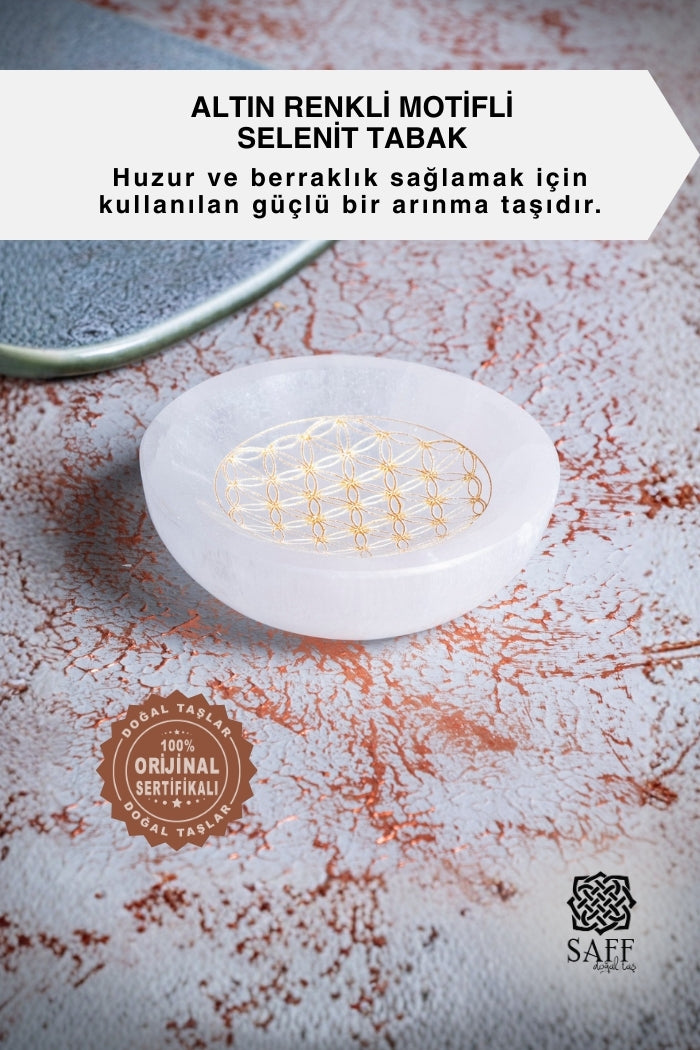 Altın Renkli Motifli Selenit Tabak