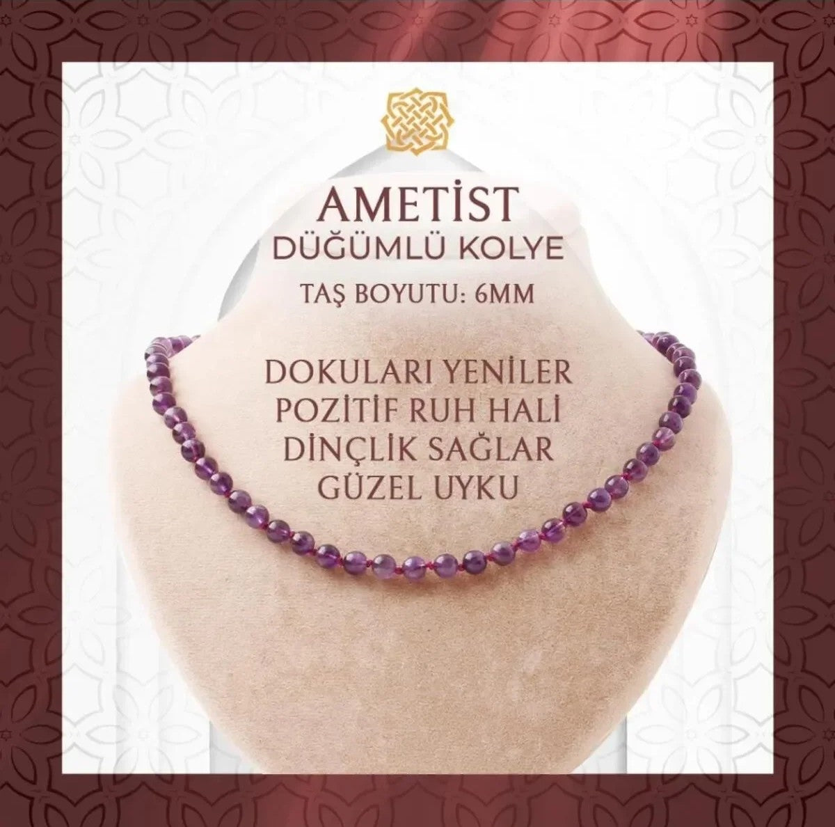 Ametist 6 mm Düğümlü Doğal Taş Kolye