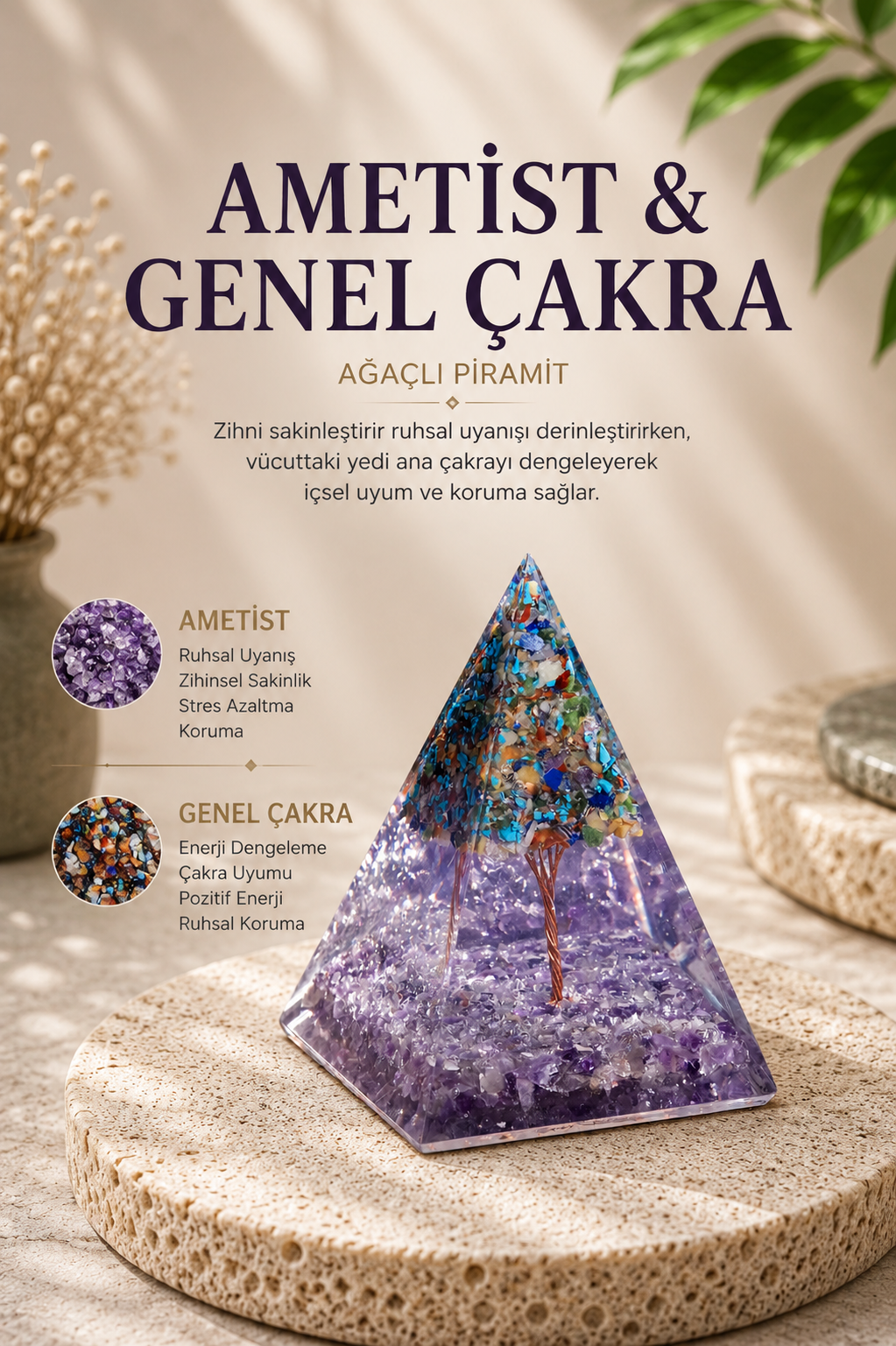Ametist & Genel Çakra Ağaçlı Piramit