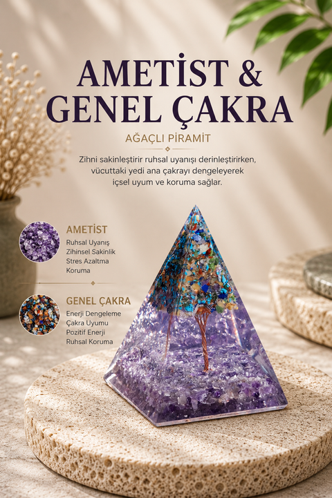 Ametist & Genel Çakra Ağaçlı Piramit | SAFF Doğal Taş