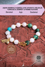 Aşkın Sembolü Gümüş Love Aparatlı Bileklik Turkuaz &amp; Zümrüt &amp; Pembe Kuvars