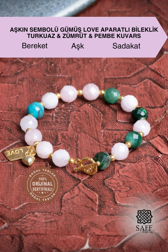 Aşkın Sembolü Gümüş Love Aparatlı Bileklik Turkuaz &amp; Zümrüt &amp; Pembe Kuvars