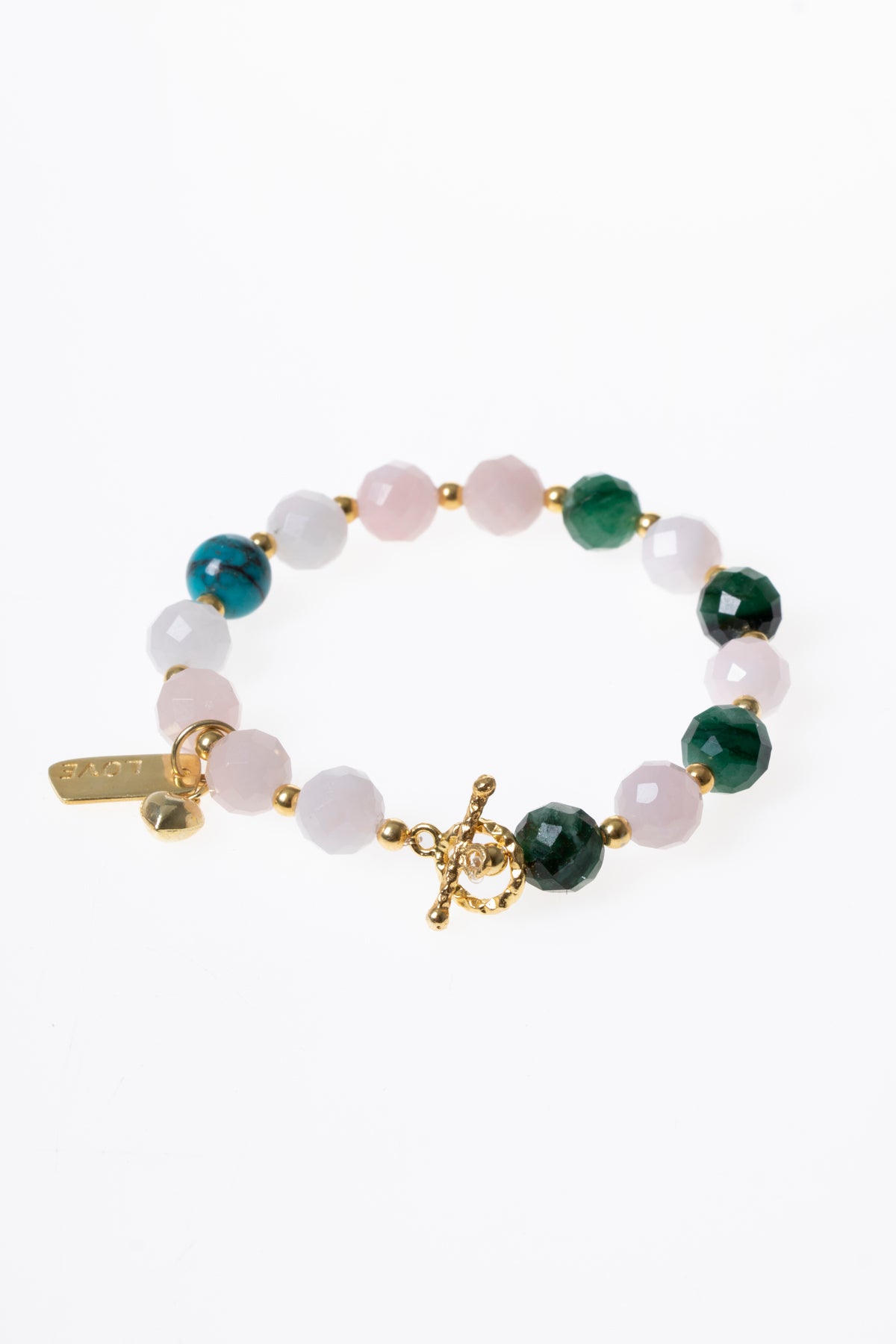 Aşkın Sembolü Gümüş Love Aparatlı Bileklik Turkuaz &amp; Zümrüt &amp; Pembe Kuvars