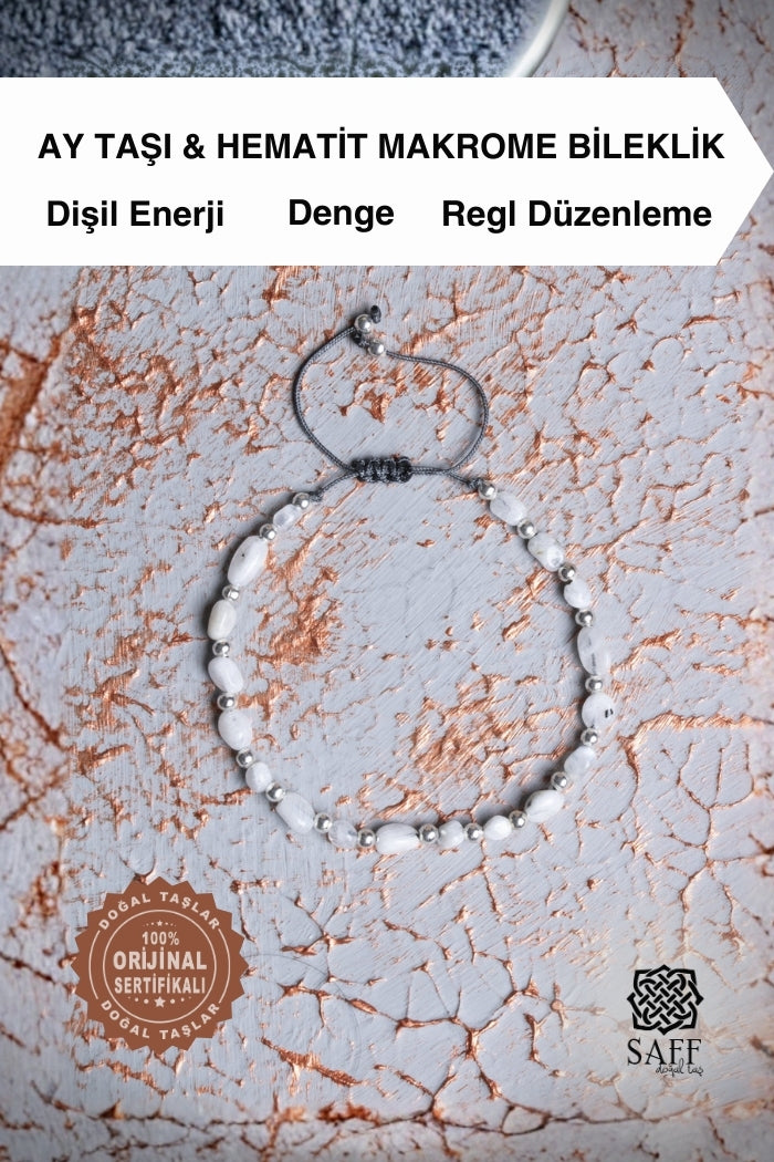 Ay Taşı &amp; Hematit Makrome Bileklik