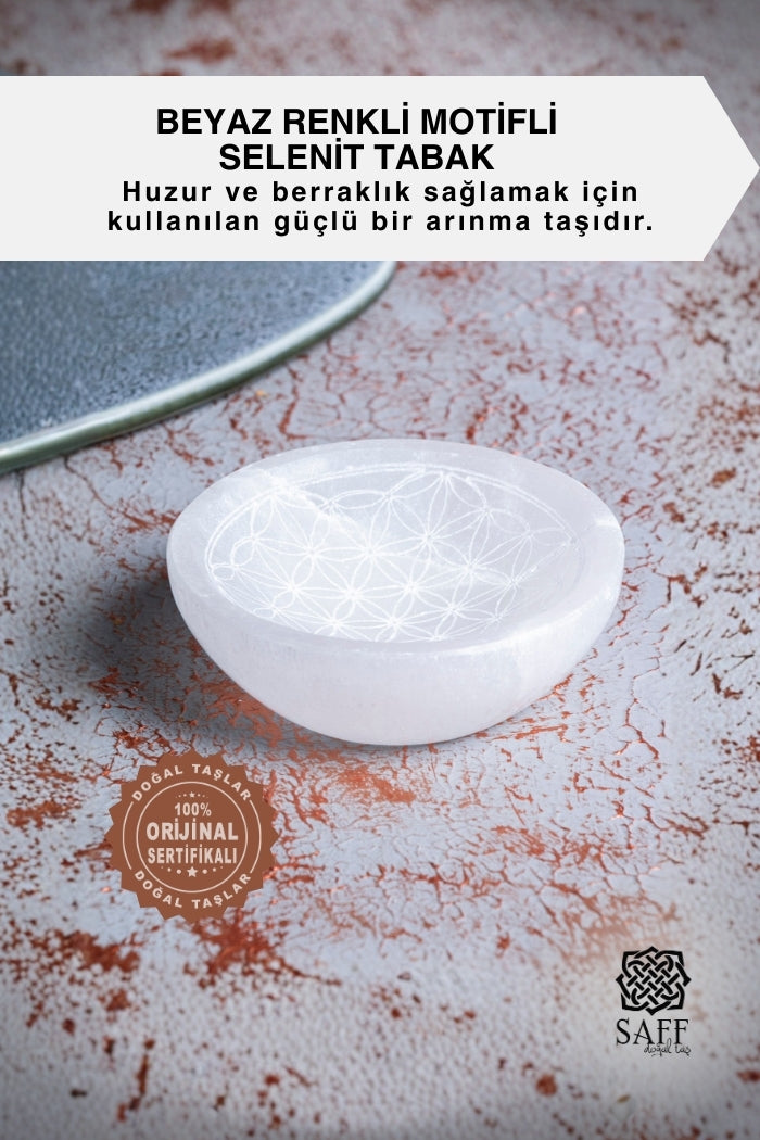 Beyaz Renkli Motifli Selenit Tabak