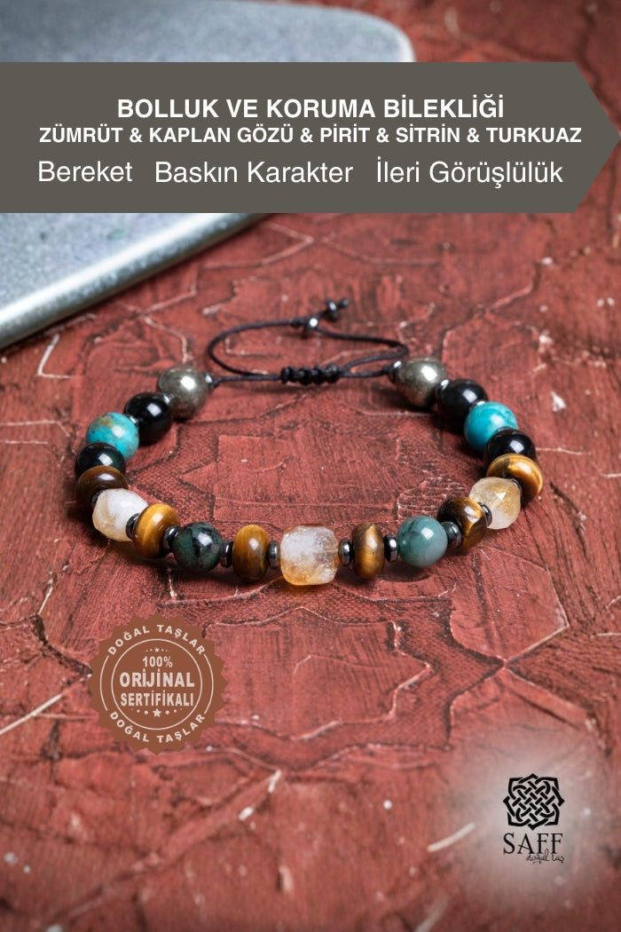Bolluk ve Koruma Makrome Bilekliği Zümrüt &amp; Kaplan Gözü &amp; Pirit &amp; Sitrin &amp; Turkuaz