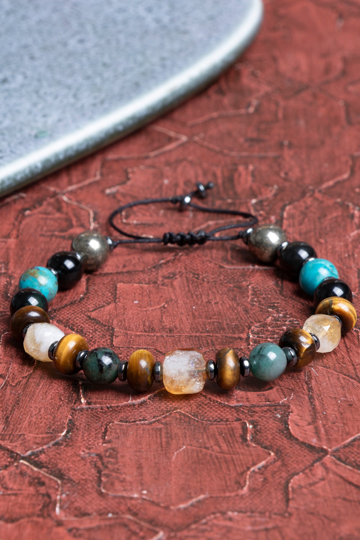 Bolluk ve Koruma Makrome Bilekliği Zümrüt &amp; Kaplan Gözü &amp; Pirit &amp; Sitrin &amp; Turkuaz