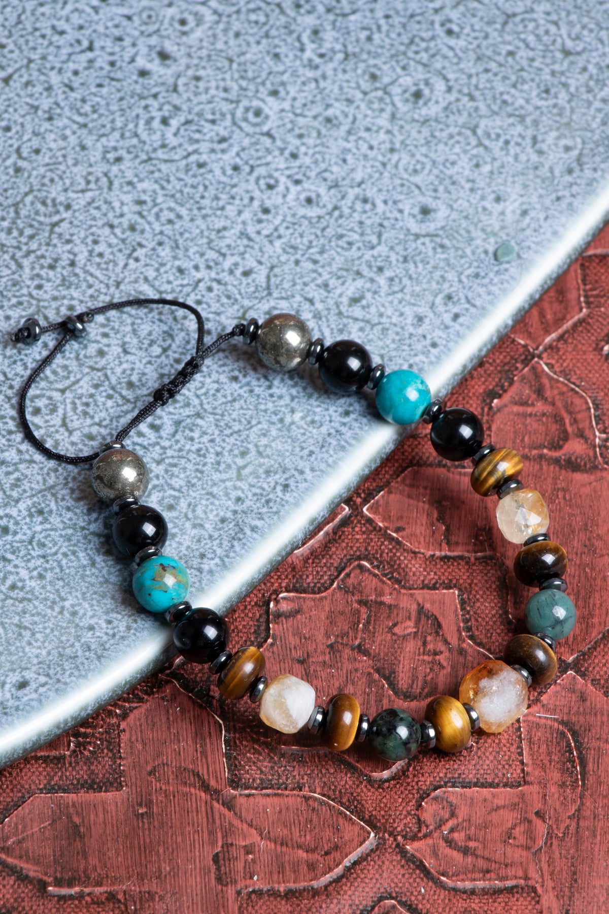 Bolluk ve Koruma Makrome Bilekliği Zümrüt &amp; Kaplan Gözü &amp; Pirit &amp; Sitrin &amp; Turkuaz