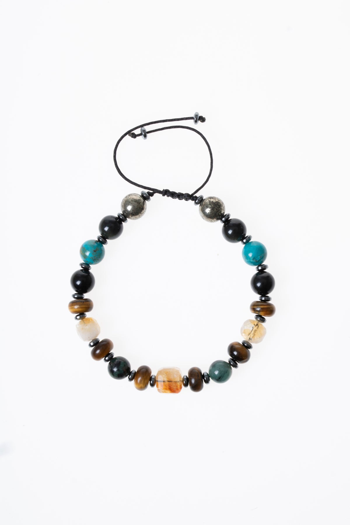 Bolluk ve Koruma Makrome Bilekliği Zümrüt &amp; Kaplan Gözü &amp; Pirit &amp; Sitrin &amp; Turkuaz