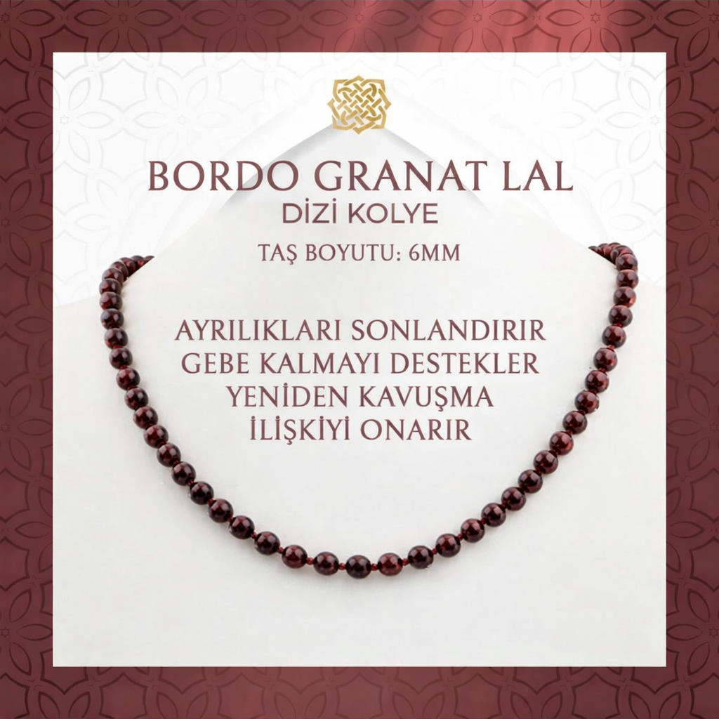 Bordo Granat Lal 6 mm Düğümlü Doğal Taş Kolye