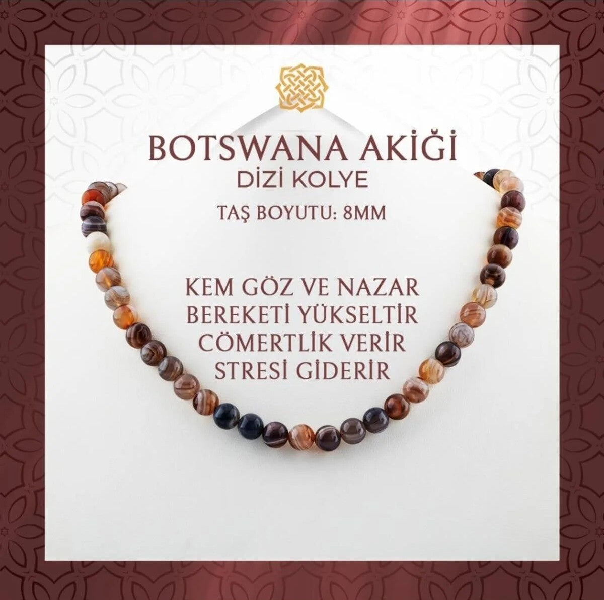Botswana Akiği 8 mm Dizi Doğal Taş Kolye