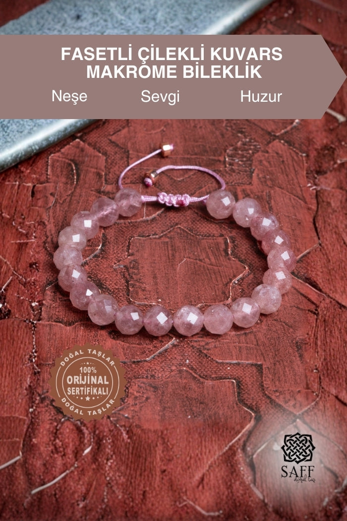 Fasetli Çilekli Kuvars Makrome Bileklik
