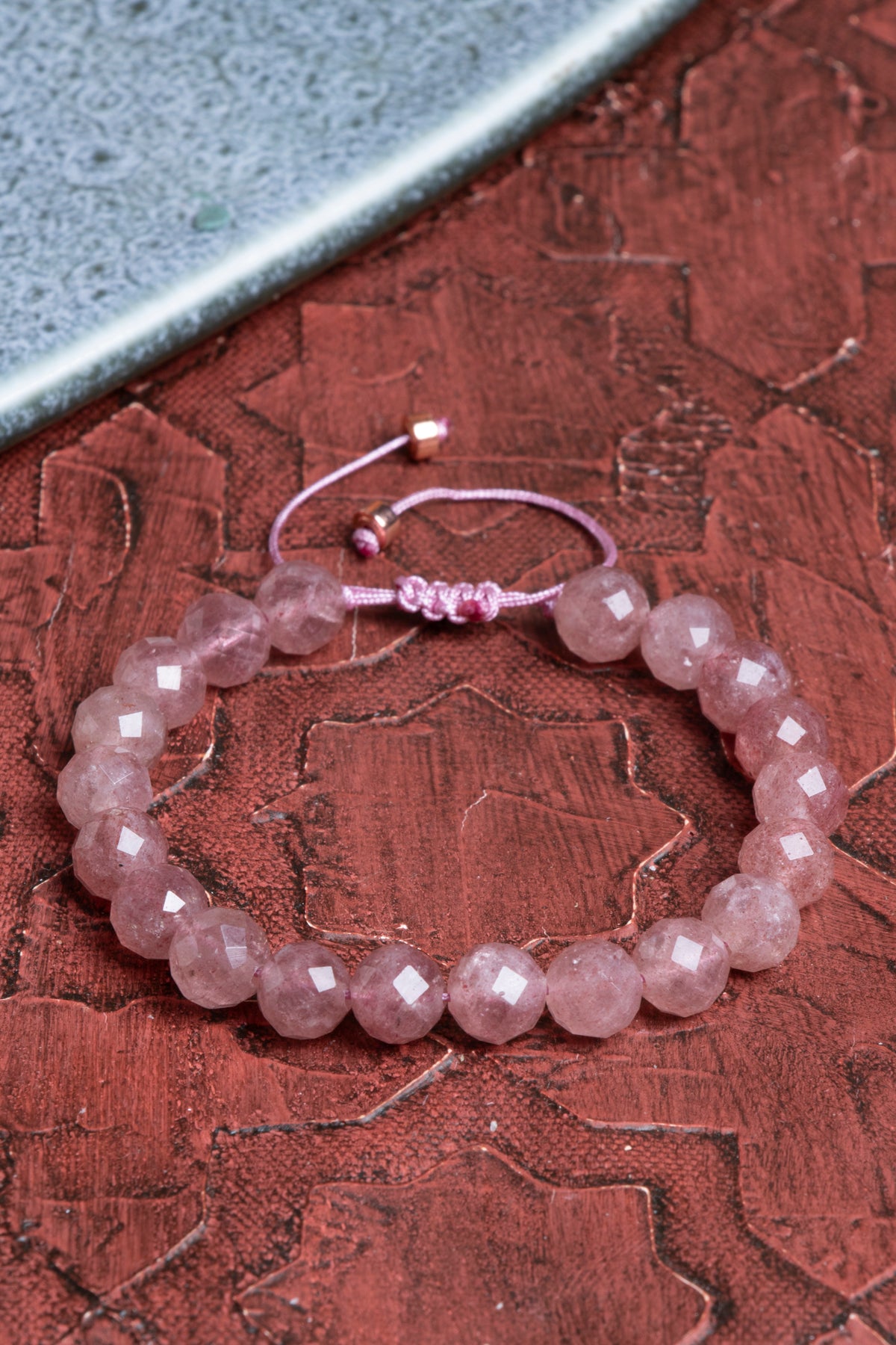 Fasetli Çilekli Kuvars Makrome Bileklik