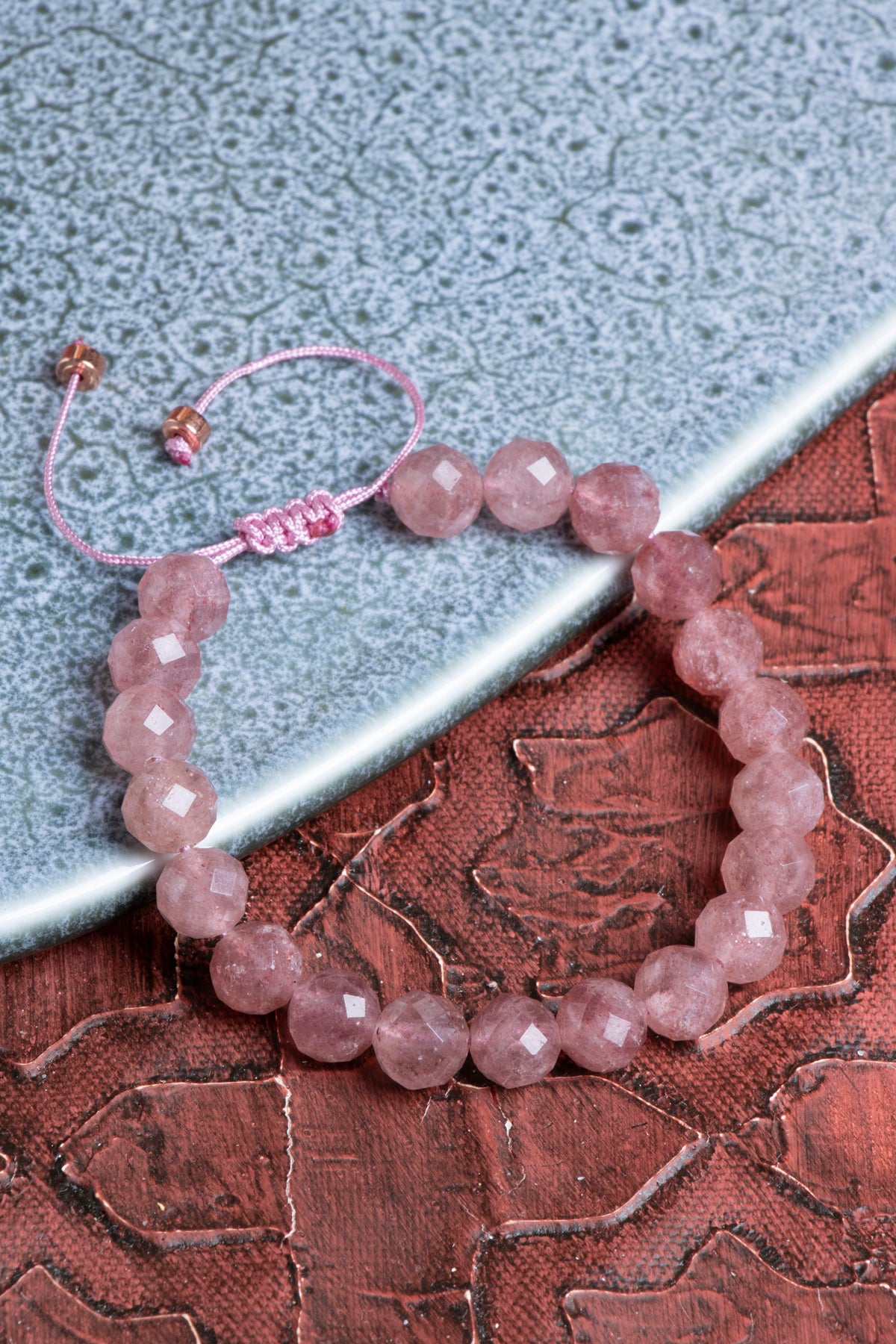 Fasetli Çilekli Kuvars Makrome Bileklik