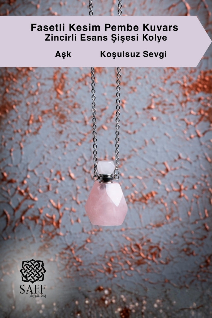 Fasetli Kesim Pembe Kuvars Zincirli Esans Şişesi Kolye