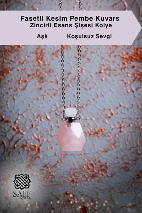 Fasetli Kesim Pembe Kuvars Zincirli Esans Şişesi Kolye