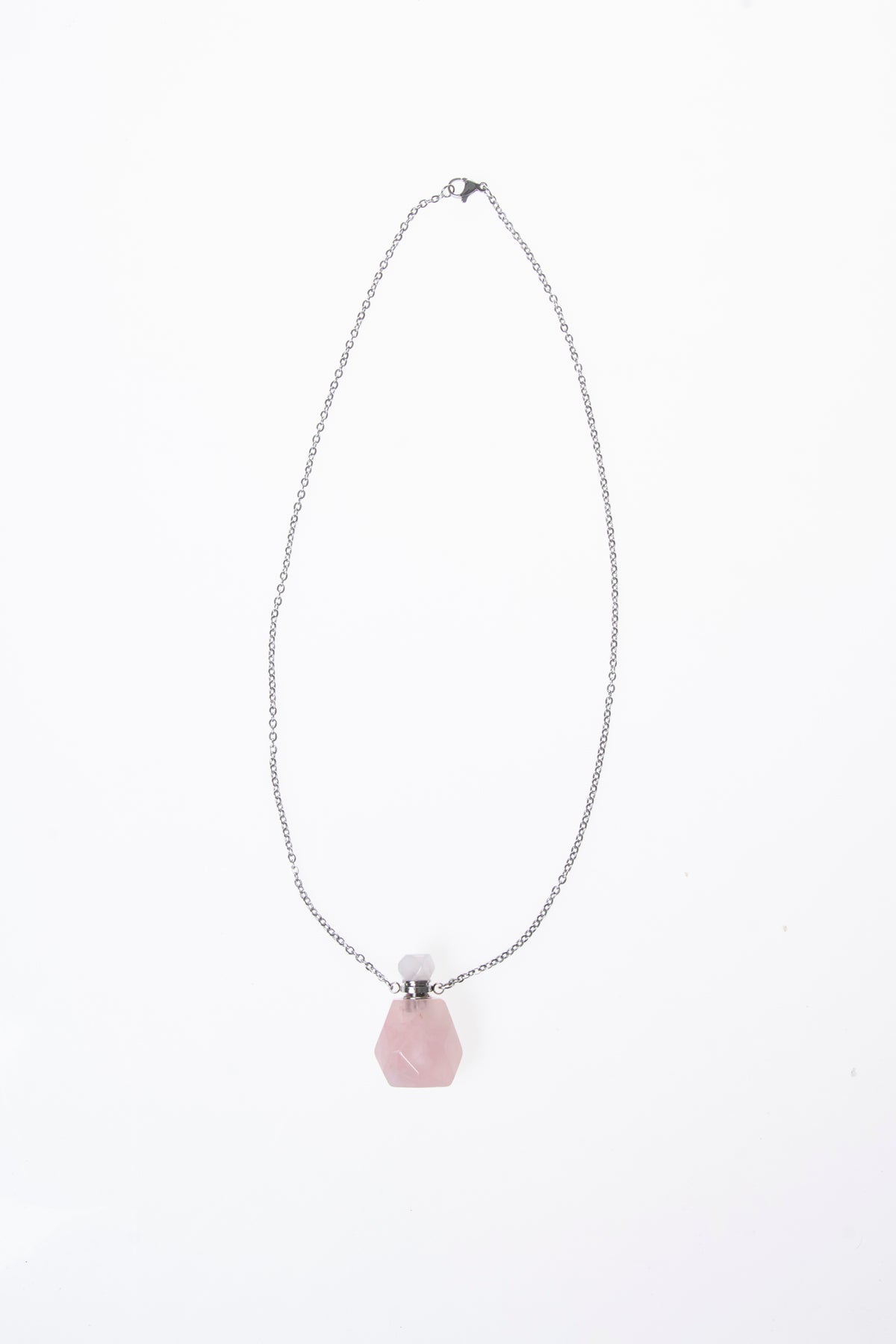 Fasetli Kesim Pembe Kuvars Zincirli Esans Şişesi Kolye