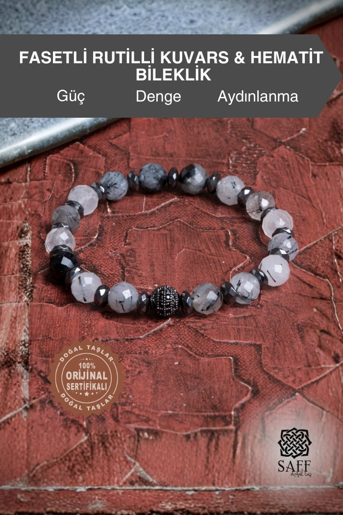 Fasetli Rutilli Kuvars Hematit Bileklik