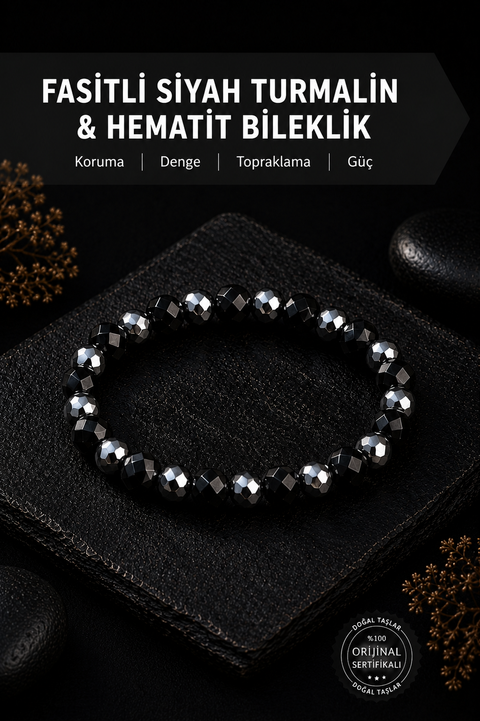 Fasetli Siyah Turmalin & Hematit Bileklik