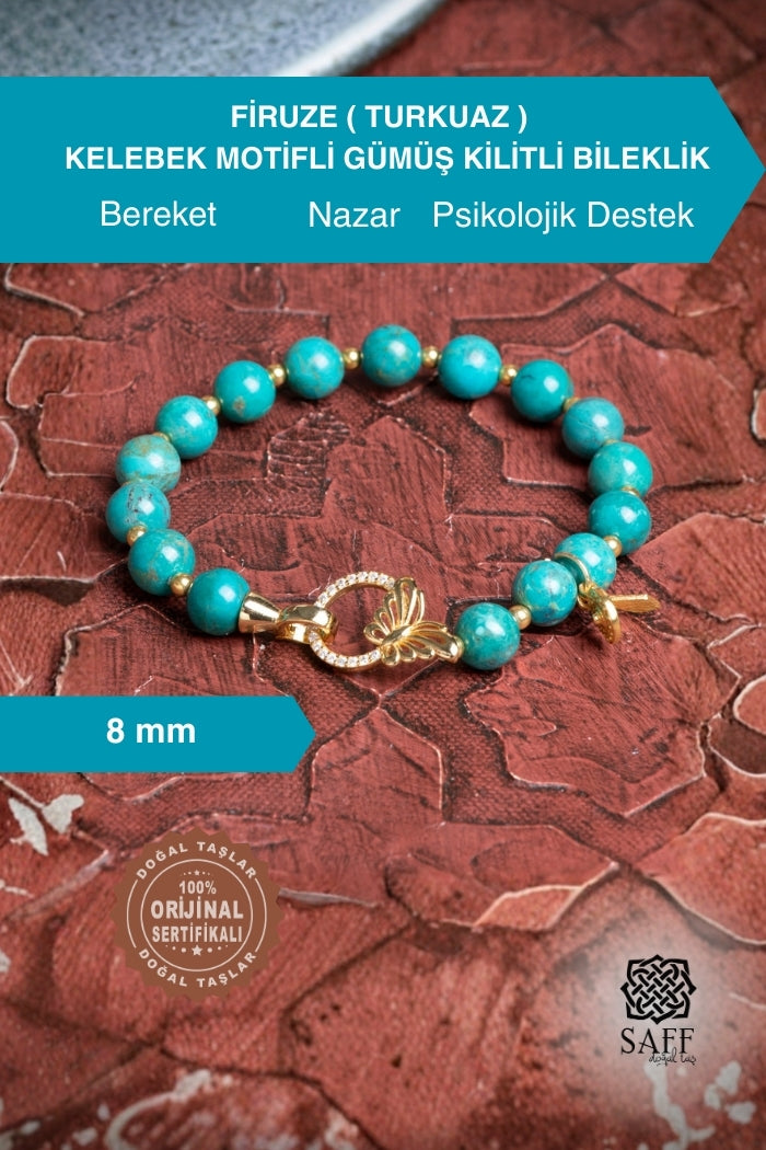 Firuze ( Turkuaz ) Kelebek Motifli Gümüş Kilitli Bileklik