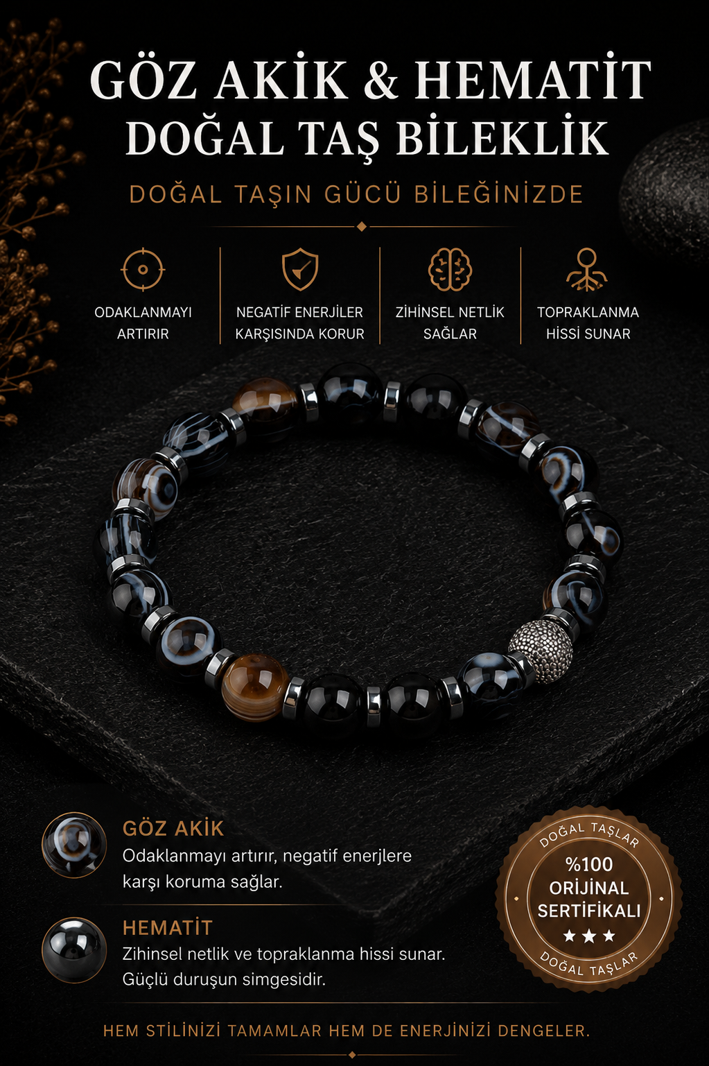 Sertifikalı Göz Akik ve Hematit Doğal Taş Bileklik