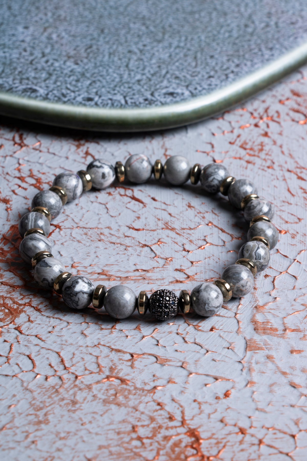 Gri Jasper &amp; Hematit Zirkon Aparat Bileklik