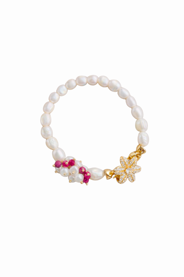 Gümüş Detaylı İnci &amp; Yakut Zirkon kilitli Bileklik