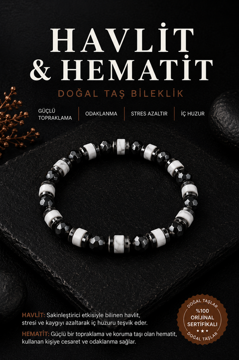 Sertifikalı Doğal Havlit & Hematit Taşı Bileklik