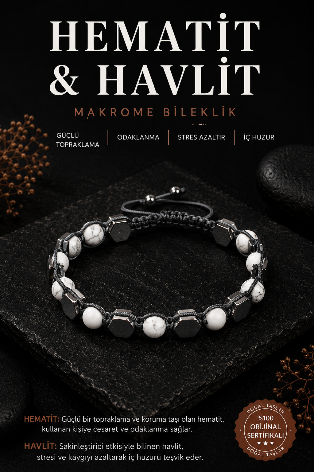 Hematit & Havlit Makrome Bileklik
