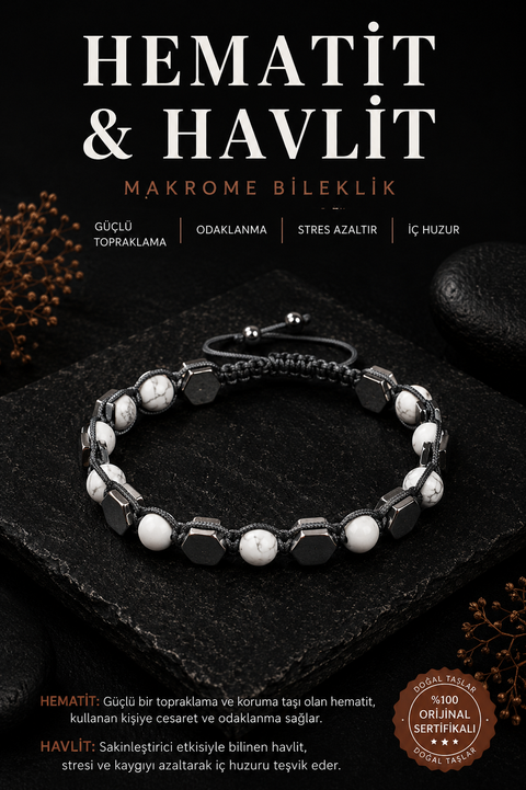 Hematit & Havlit Makrome Bileklik
