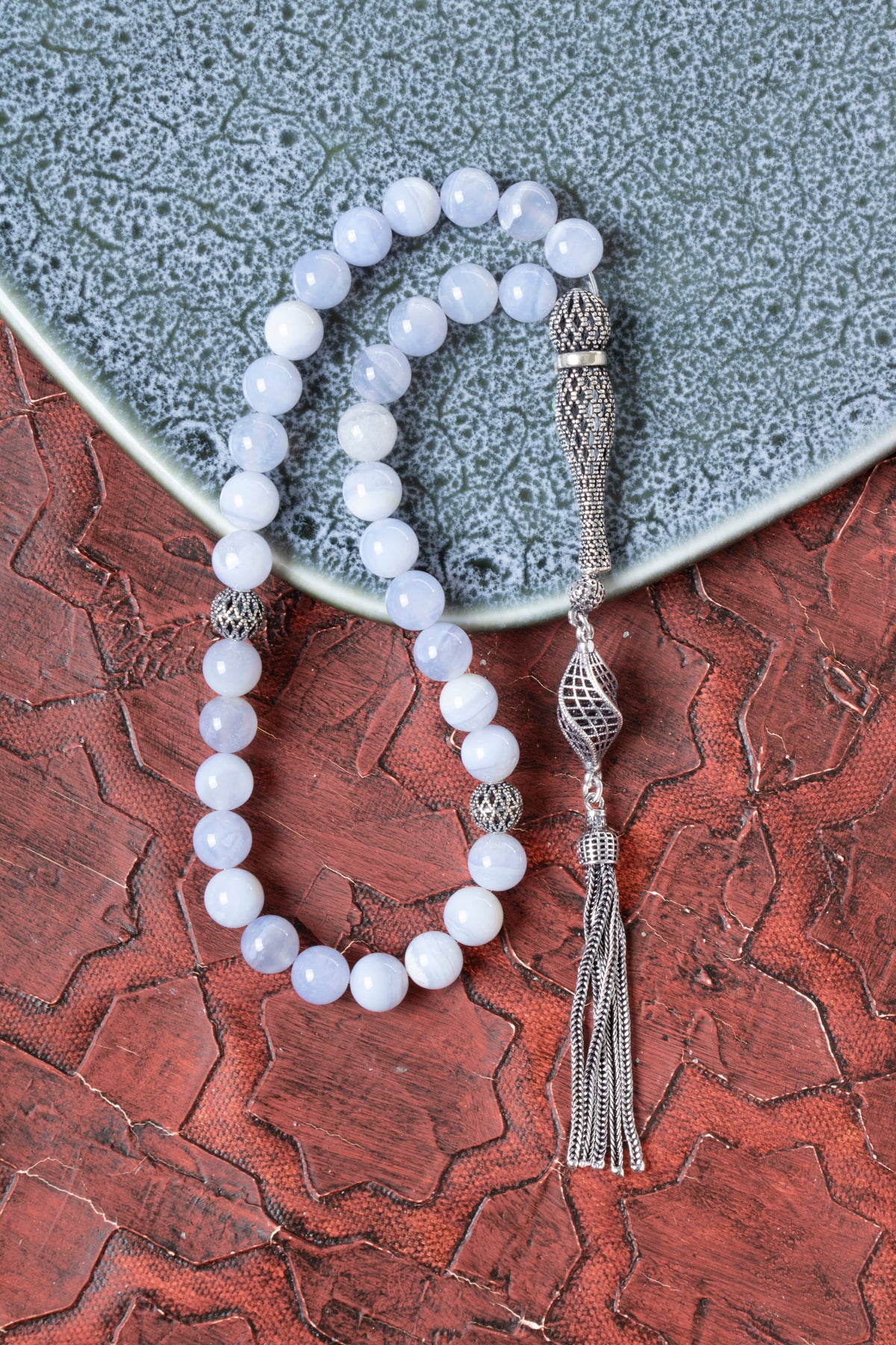 Serifikalı 8 mm Kalsedon 925 Ayar Gümüş İmameli Püskül Tesbih