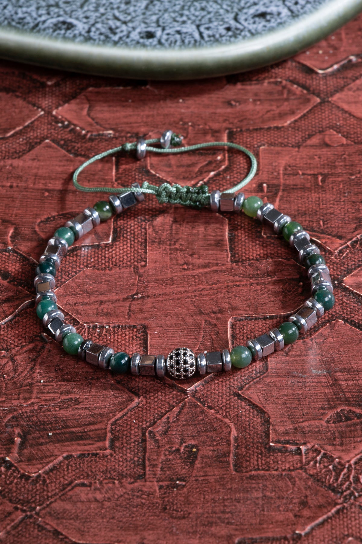 Yeşil Akik &amp; Hematit &amp; Zirkon Aparat Doğal Taş Makrome Bileklik
