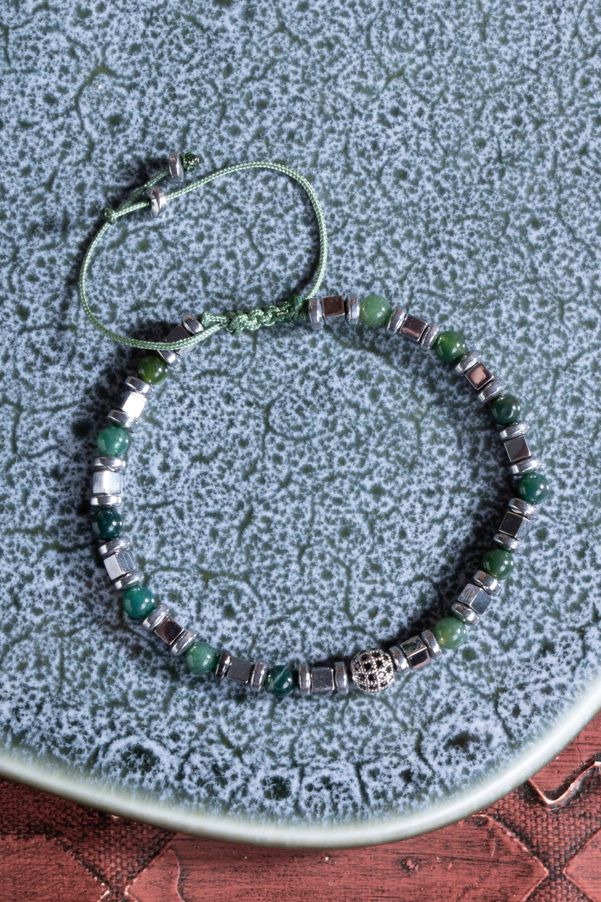 Yeşil Akik &amp; Hematit &amp; Zirkon Aparat Doğal Taş Makrome Bileklik