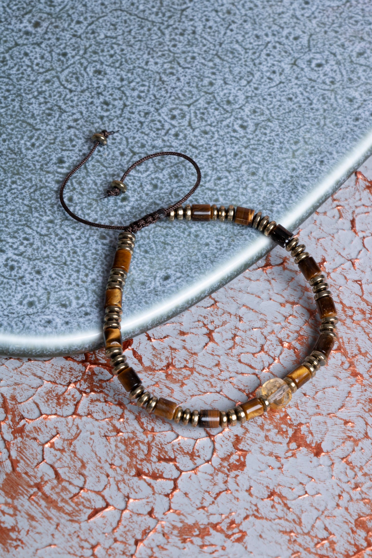 Kaplan Gözü &amp; Hematit &amp; Sitrin Makrome Bileklik