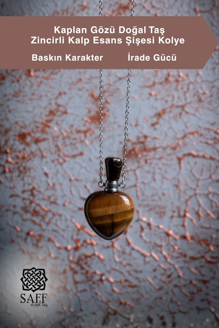 Kaplan Gözü Doğal Taş Zincirli Kalp Esans Şişesi Kolye