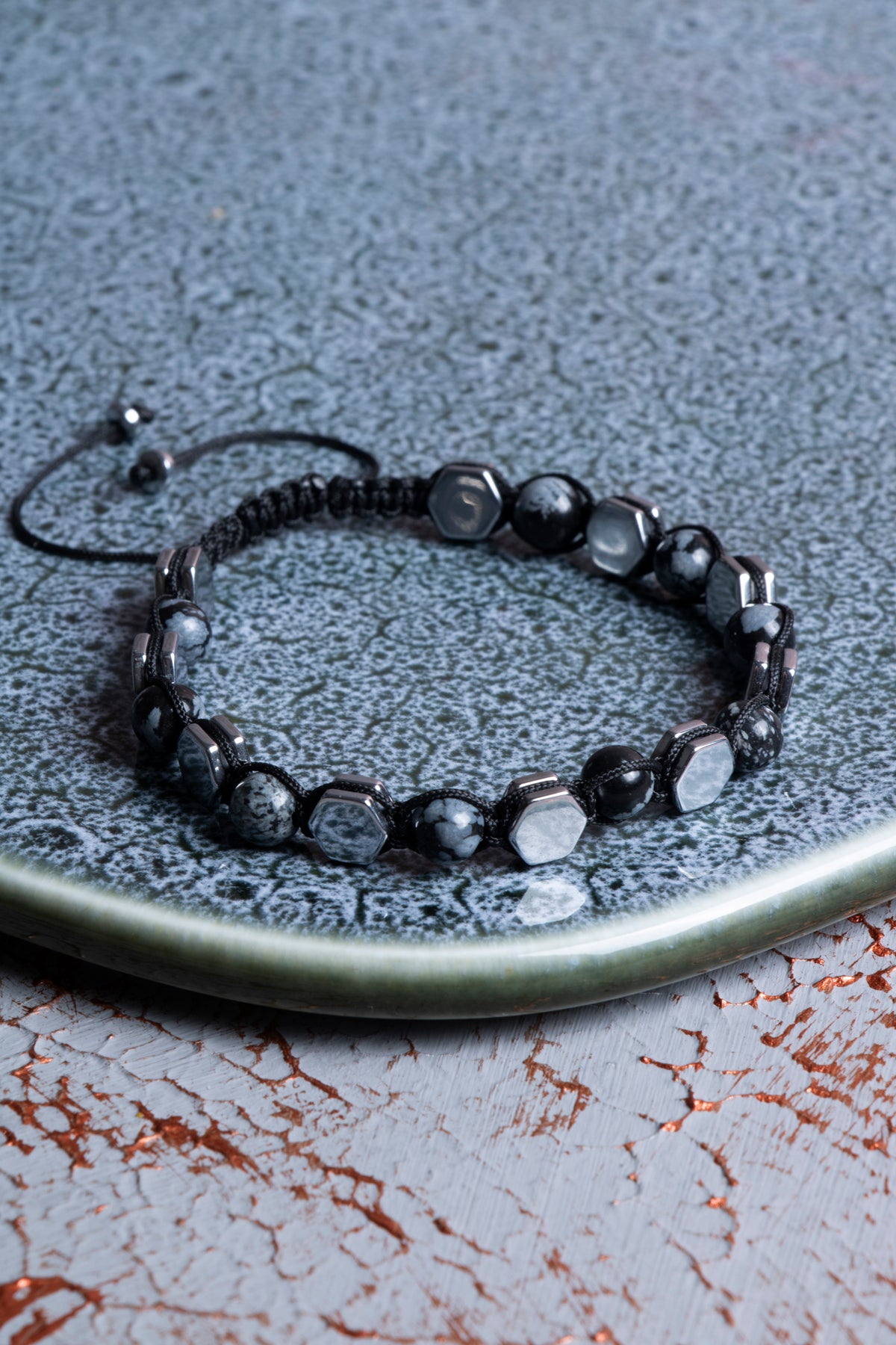 Karlı Obsidyen &amp; Hematit Makrome Bileklik